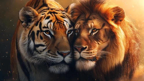 Tiger and lion portrait with warm golden light