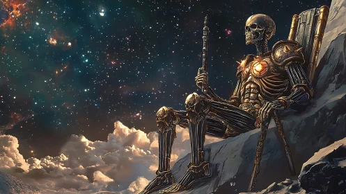 Skeletal cosmic monarch seated on throne above clouds.