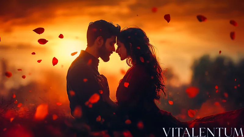 Couple Kissing Against Sunset with Falling Rose Petals.