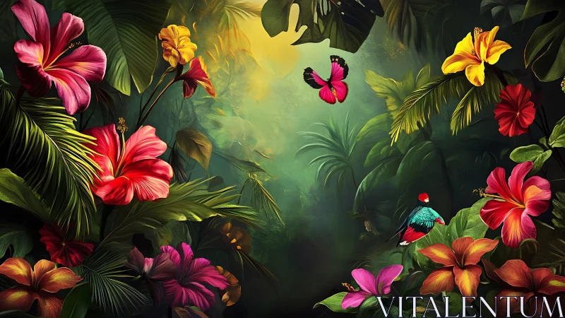 Vibrant tropical hibiscus and orchid flowers in misty jungle canopy with butterflies