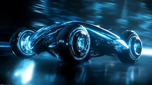Luminescent cyber-aerodynamic racing vehicle in motion blur.