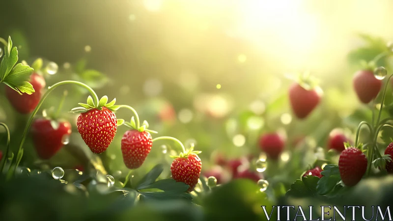 Backlit strawberry field renders with shallow bokeh depth of field