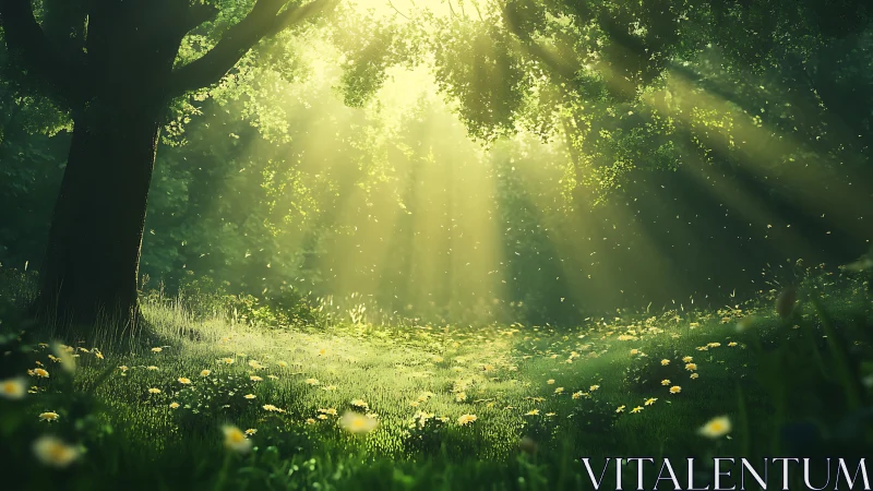 Sunlit Forest Meadow with Wildflowers in Dreamy Morning Light.