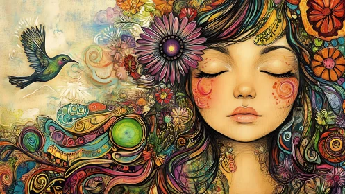 Dreamlike floral portrait with hummingbird and swirling motifs