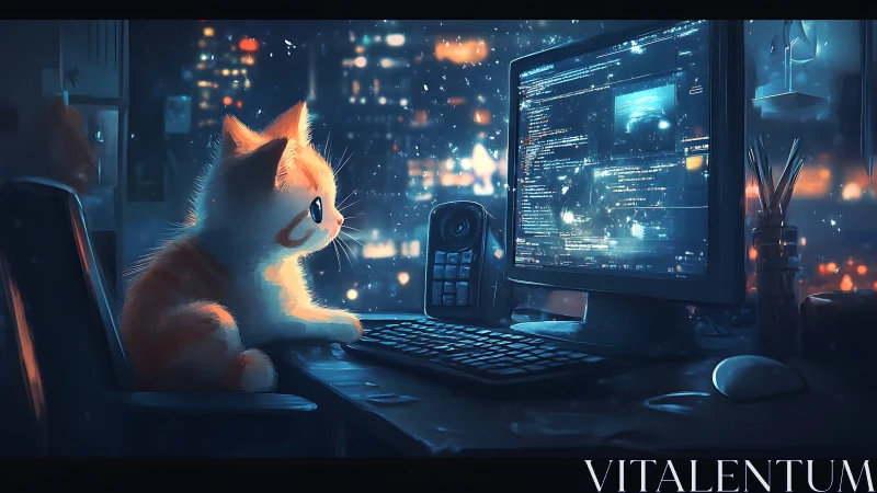 Feline at Computer Workstation with Illuminated Display