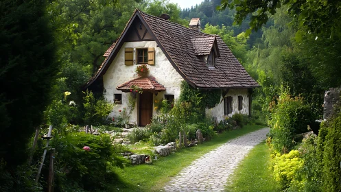Storybook cottage nestles in lush garden along cobbled lane.