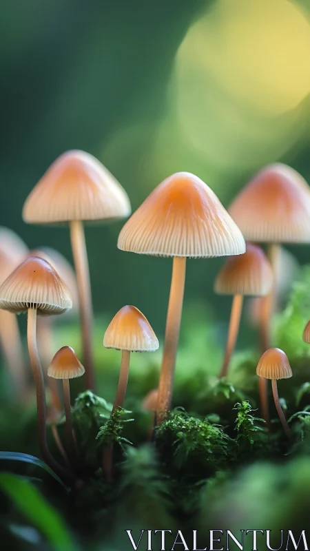 Cluster of translucent forest mushrooms under soft bokeh light