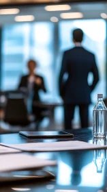 Corporate office setting with blurred figures and desk materials