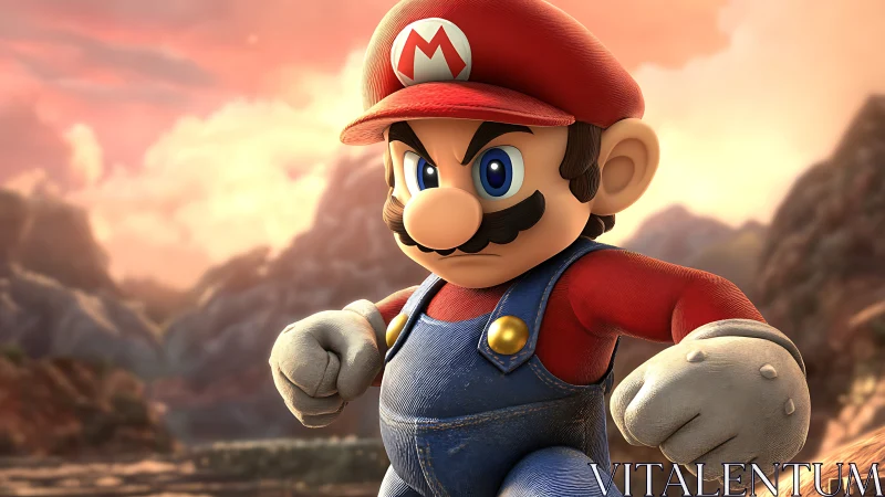 Heroic mustached mascot in dynamic 3D mountain landscape.