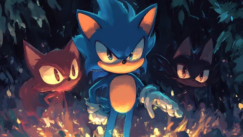 Dynamic blue hedgehog leads twin shadows through firelit forest.