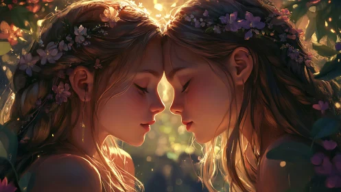 Digital painting of twin girls in floral backlit embrace.