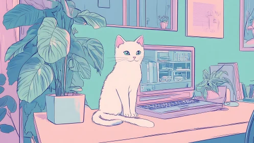 Solitary Felid Positioned Within Digitally-Rendered Contemporary Workspace Environment.