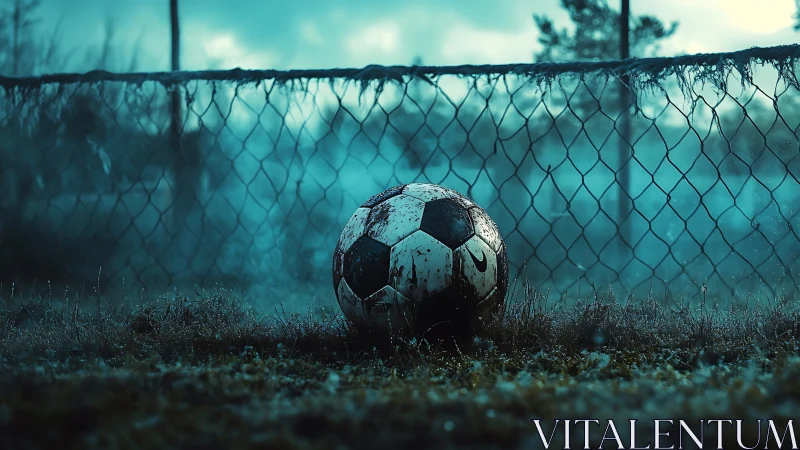 Weathered soccer ball rests by misty chain-link fence at dawn.