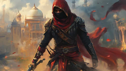 Hooded armed figure in red garments before hazy cityscape.
