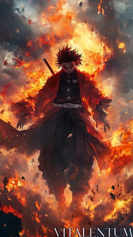 Fiery samurai warrior emerges from an inferno of raging flames