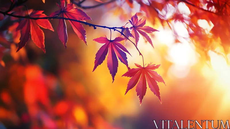 Fiery maple leaves glow against a golden autumn sunset sky