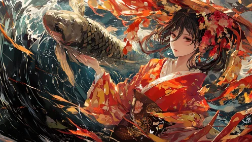 Graceful kimono maiden holds a koi amid swirling waters