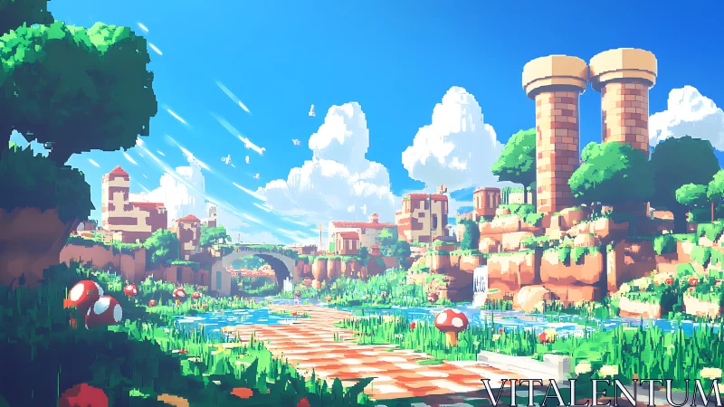 Sunlit pixel valley invites a playful stroll through fantasy