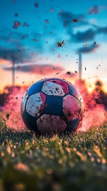 Photorealistic soccer ball impact with dynamic smoke field.