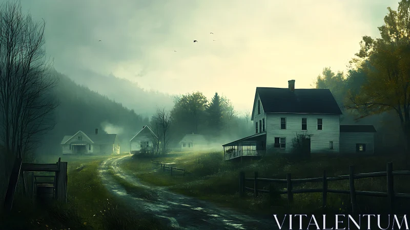 Foggy rural homestead at dawn with white clapboard farmhouses