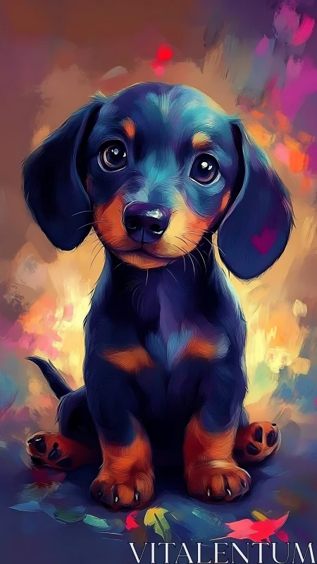 Digital illustration shows dachshund puppy in colorful setting