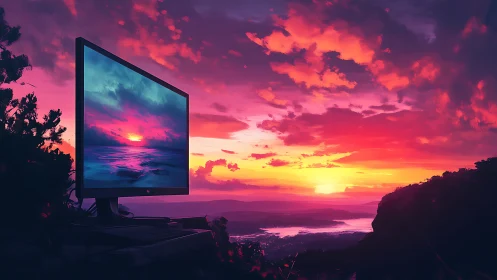 Digital monitor mirrors vivid sunset over glowing horizon.