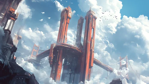 Futuristic red suspension towers rise above dense white clouds