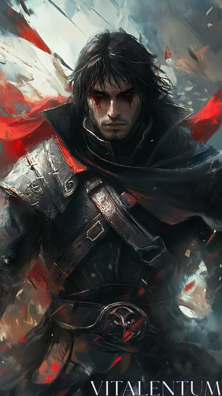 Brooding dark knight strides through swirling battlelight.