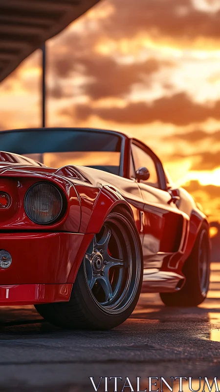 Red classic muscle car parked at sunset on wet asphalt.