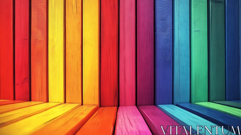 Chromatic wooden planks form a continuous rainbow spectrum wall