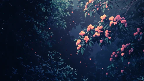 Midnight blossoms drifting through luminous forest hush.