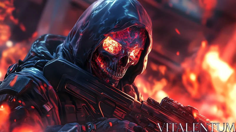 Infernal hooded skull operative amid dynamic firestorm.