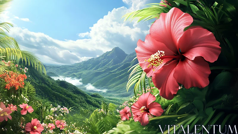 Tropical hibiscus dominates lush valley mountain panorama.