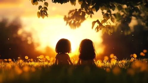 Two children sit in grass watching a bright sunset glow