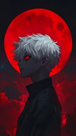 White-haired anime antihero stands against a blazing blood moon