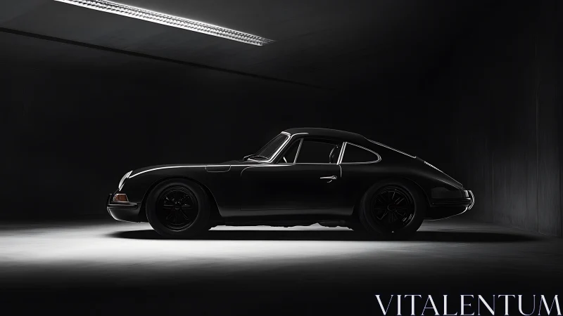 Classic black sports coupe waits in a dramatically lit garage