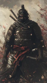 Armored warrior stands in autumn landscape with twin swords