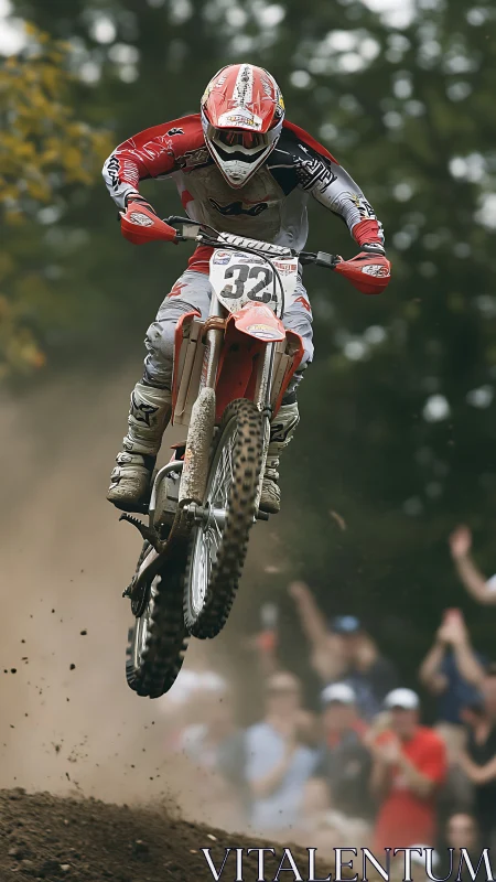 Motocross rider airborne over dirt track during race.