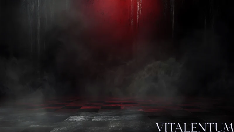 Moody red stage awaits stories in shadow and drifting mist