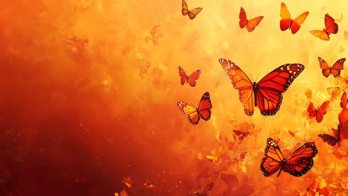 Orange monarch butterflies over abstract warm background.