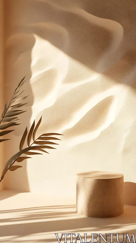 Sunlit sculpted wall and pedestal create serene minimal oasis