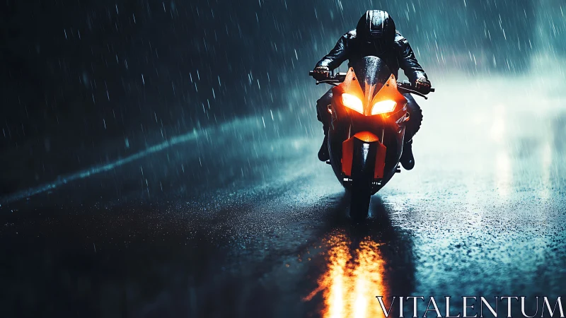 Motorcycle rider cuts through neon rain-soaked city street.