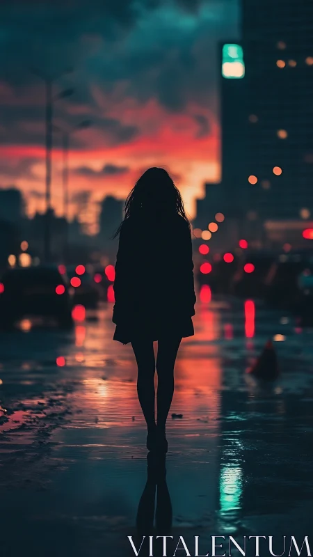 Silhouetted figure walks through neon-lit dusk city streets