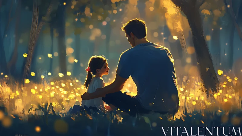 Luminous Forest Embrace: Adult and Child Silhouettes in Golden Bokeh Ambiance
