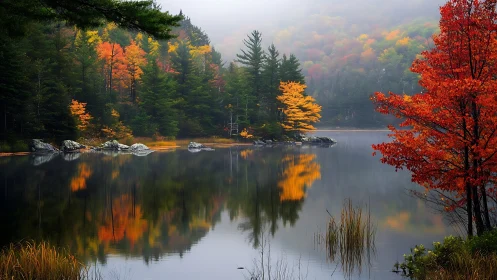 Autumn forest lake with calm water reflection and misty hills.