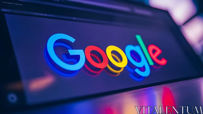 Google logo glows on a tablet screen in vivid neon light