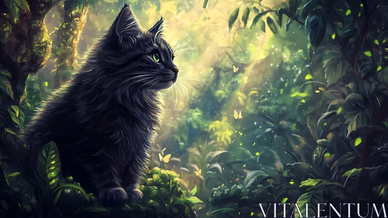Black Cat in Enchanted Forest Illuminated by Golden Ethereal Light