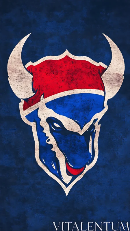 Distressed blue buffalo head emblem with horned red crest design.