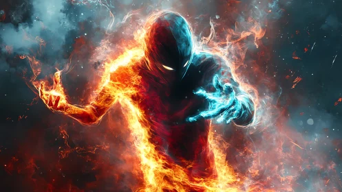 Elemental warrior wreathed in fire and ice energy.