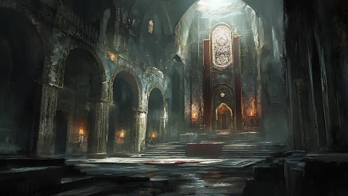 Gothic cathedral interior in moody atmospheric concept art.